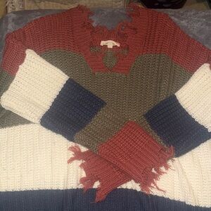 Eesome Multicolor Frayed V-Neck Sweater